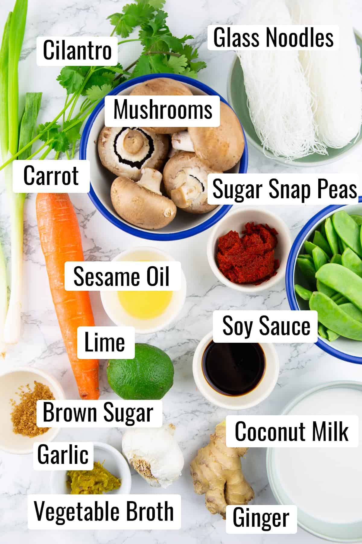 the ingredients that go into this recipe on a marble countertop with labels with the name of each ingredient