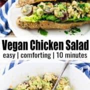 a collage of two photos of a vegan chicken salad with a text overlay