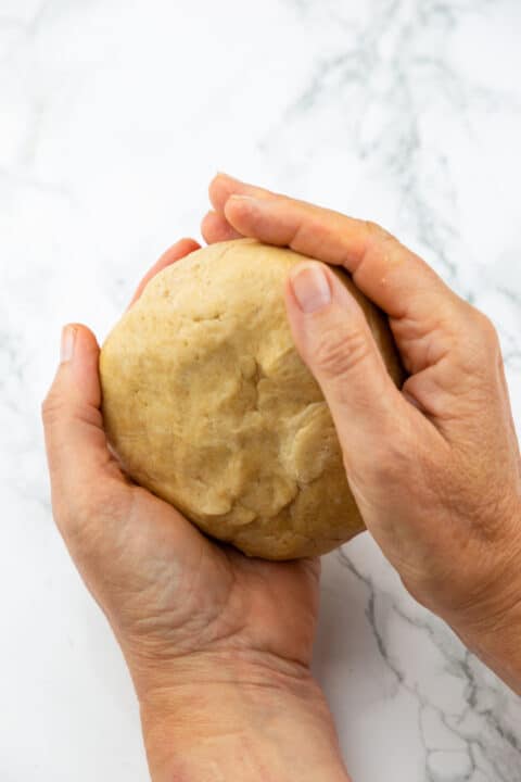 a hand holding a ball of vegan pie dough 