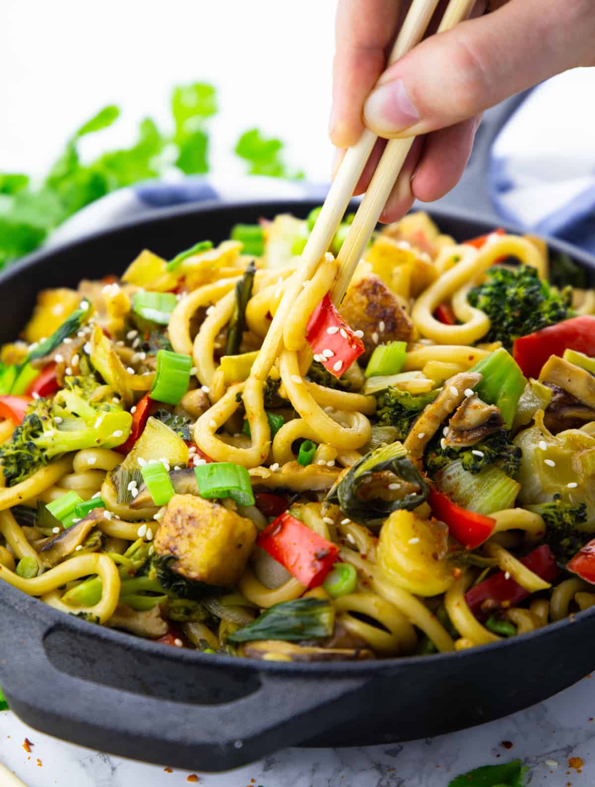 yaki udon in a black cast iron pan with a hand holding chop sticks 