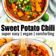 a collage of two photos of a sweet potato chili with a text overlay