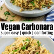 a collage of two photos of vegan carbonara on a grey plate with a text overlay