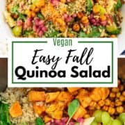 two photos of a fall quinoa salad with sweet potato with a text overlay